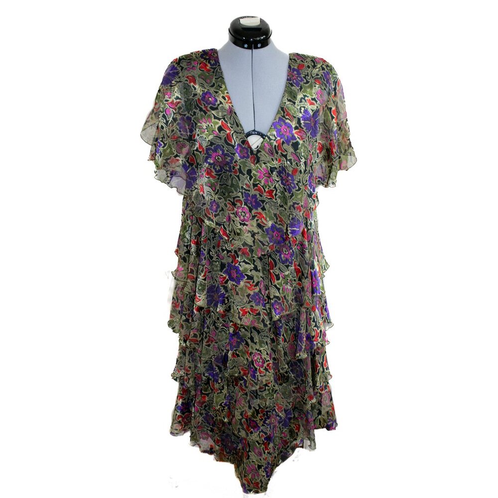 Vintage Ann Hobbs Cattiva 12 Gold Midi Dress Tiered Floral Metallic Chiffon